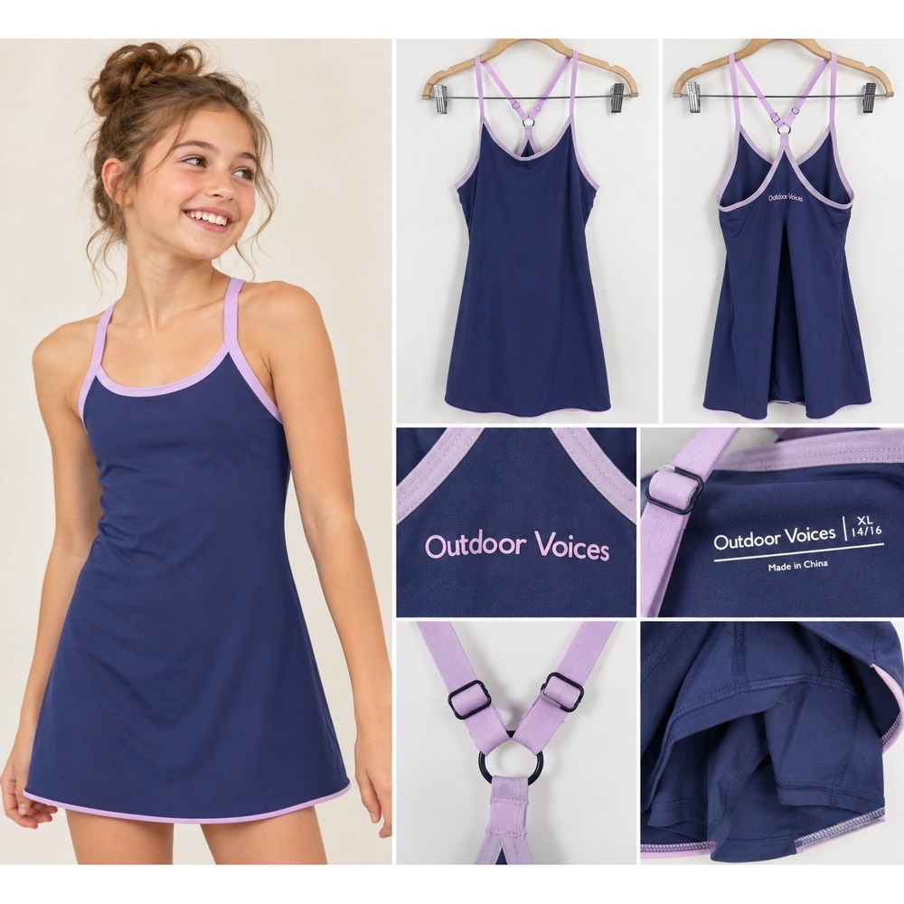Outdoor Voices Girl XL 14/16 Exercise Dress Navy Purple Built In Shorts Athletic